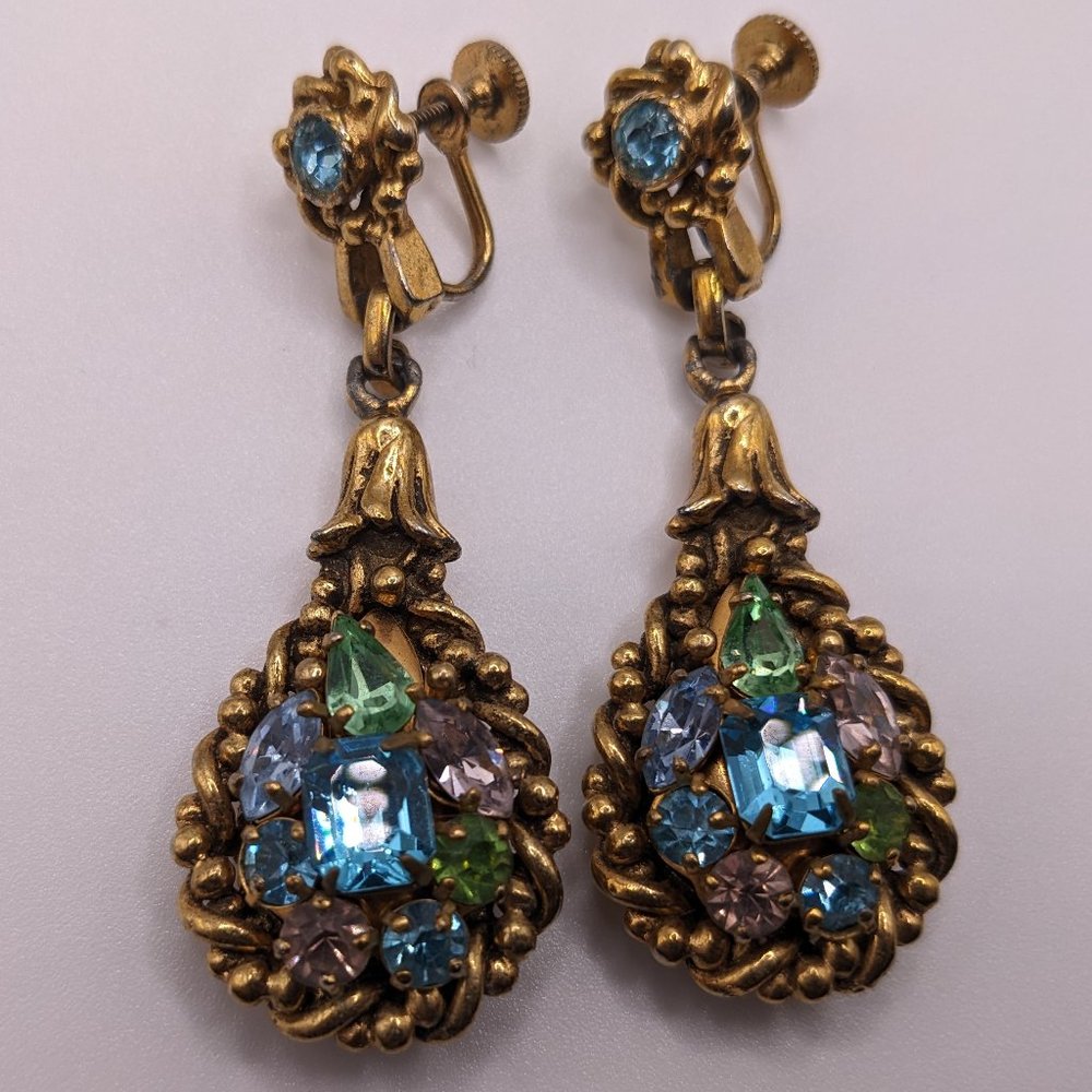 antique gold drop earrings w/ multicolor stones